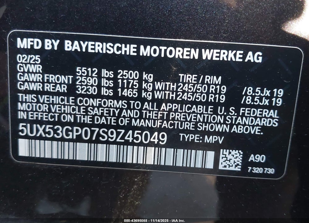 2025 BMW X3 30 XDRIVE VIN: 5UX53GP07S9Z45049
