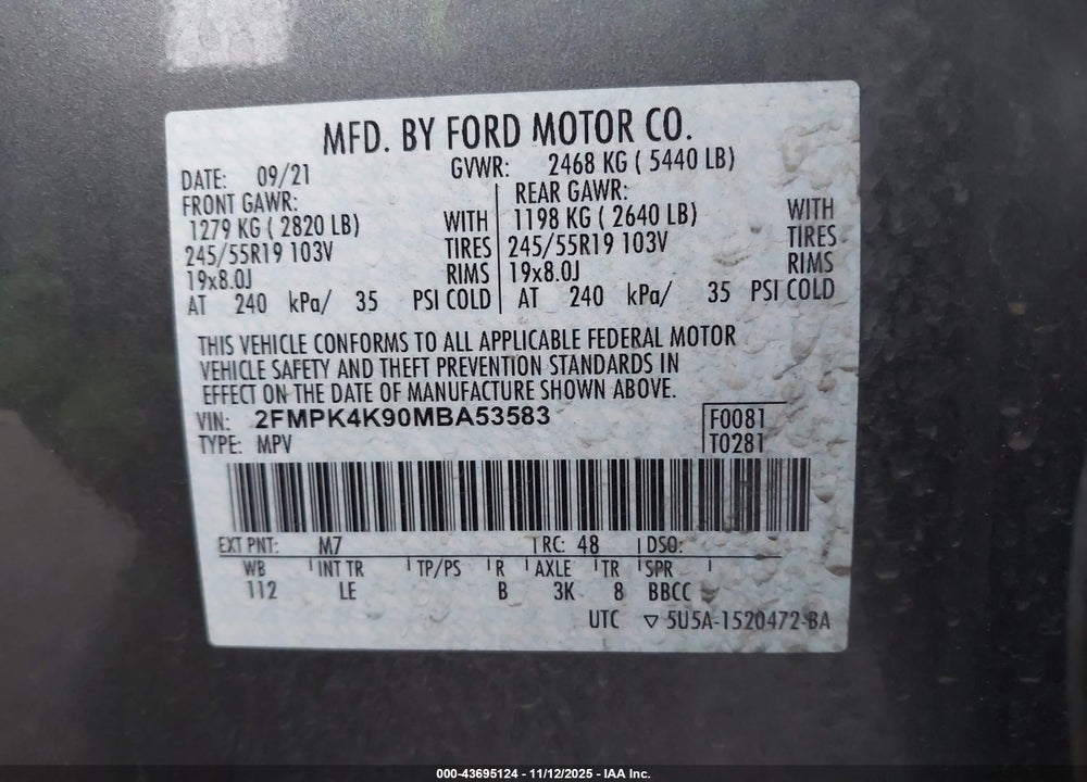 2021 FORD EDGE TITANIUM VIN: 2FMPK4K90MBA53583