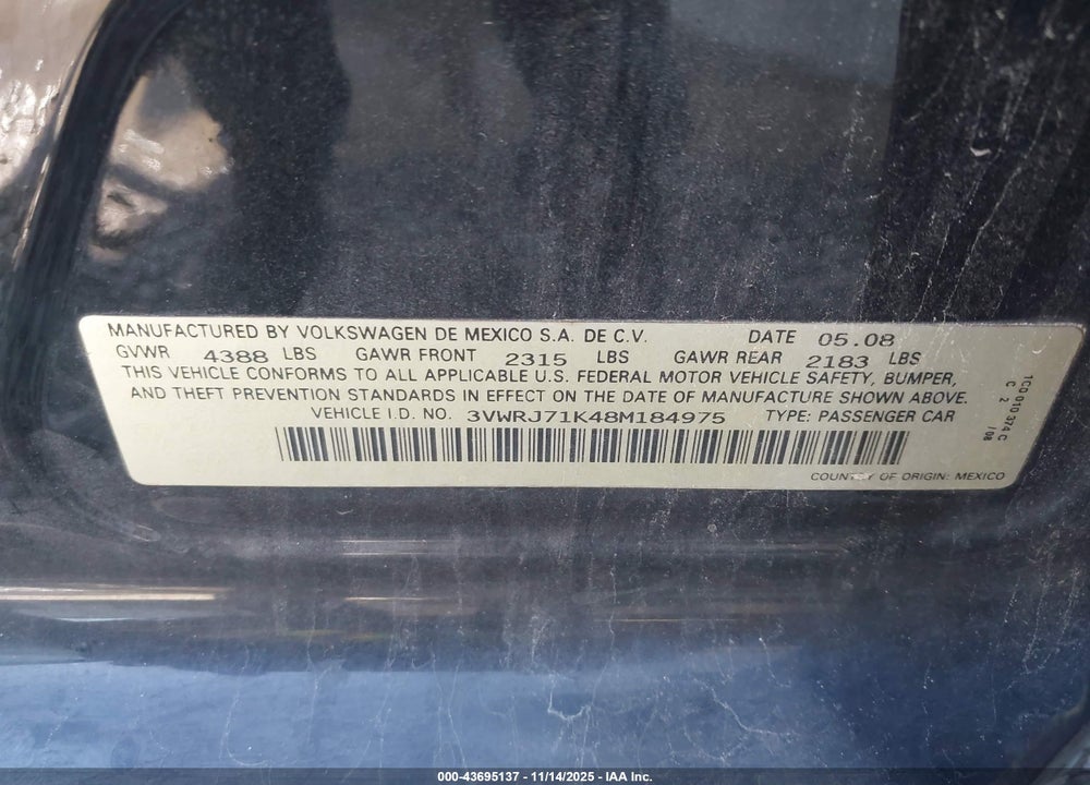 2008 VOLKSWAGEN JETTA VIN: 3VWRJ71K48M184975