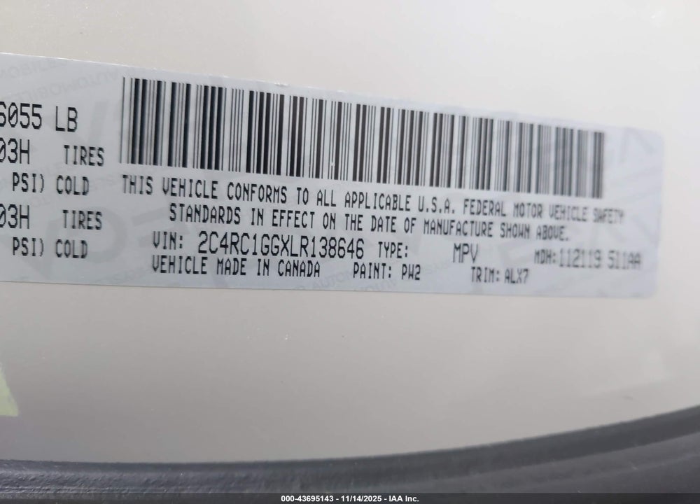 2020 CHRYSLER PACIFICA LIMITED VIN: 2C4RC1GGXLR138646