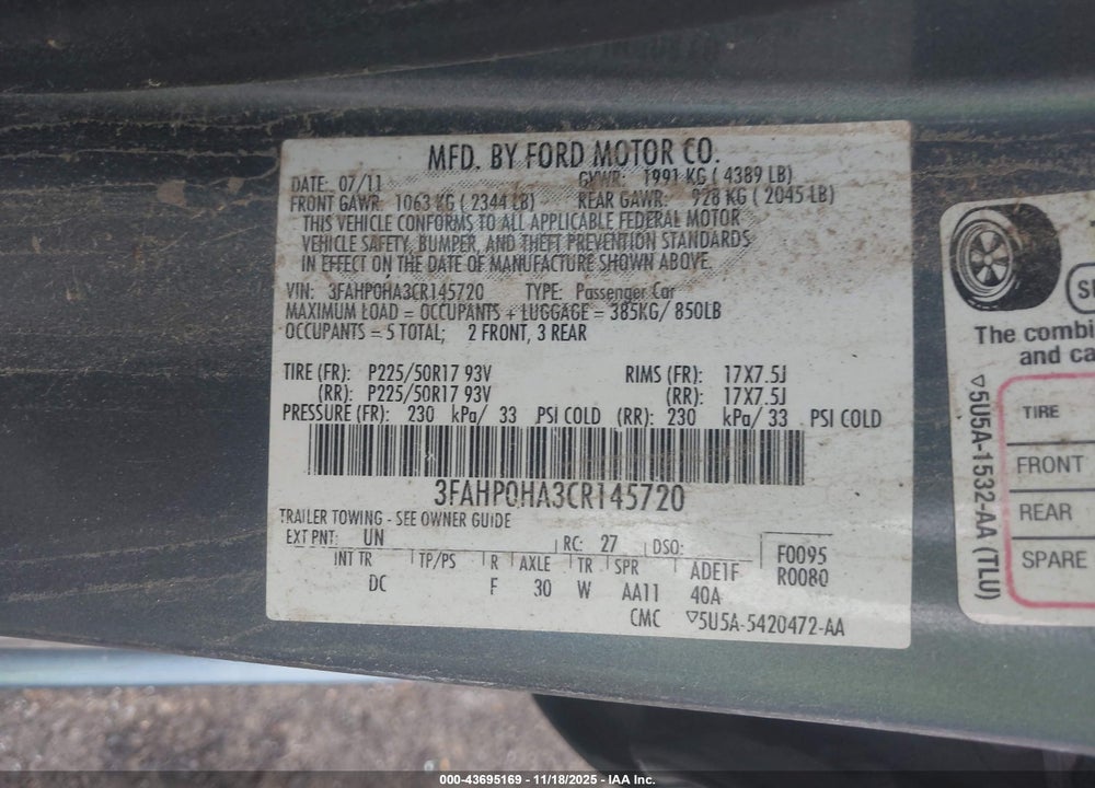 2012 FORD FUSION SE VIN: 3FAHP0HA3CR145720