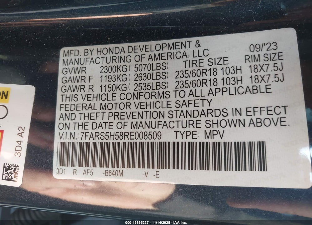 2024 HONDA CR-V VIN: 7FARS5H58RE008509