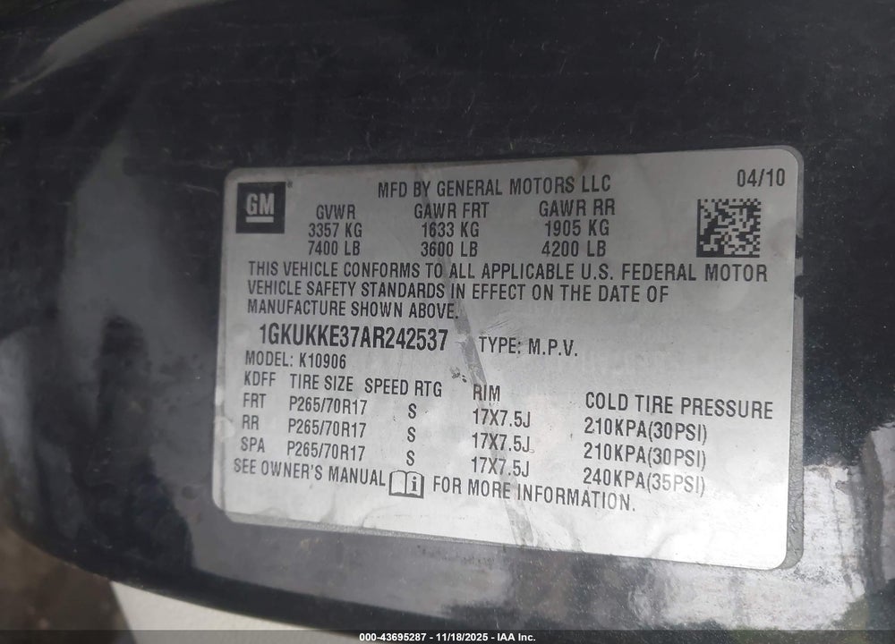 2010 GMC YUKON XL 1500 SLT VIN: 1GKUKKE37AR242537