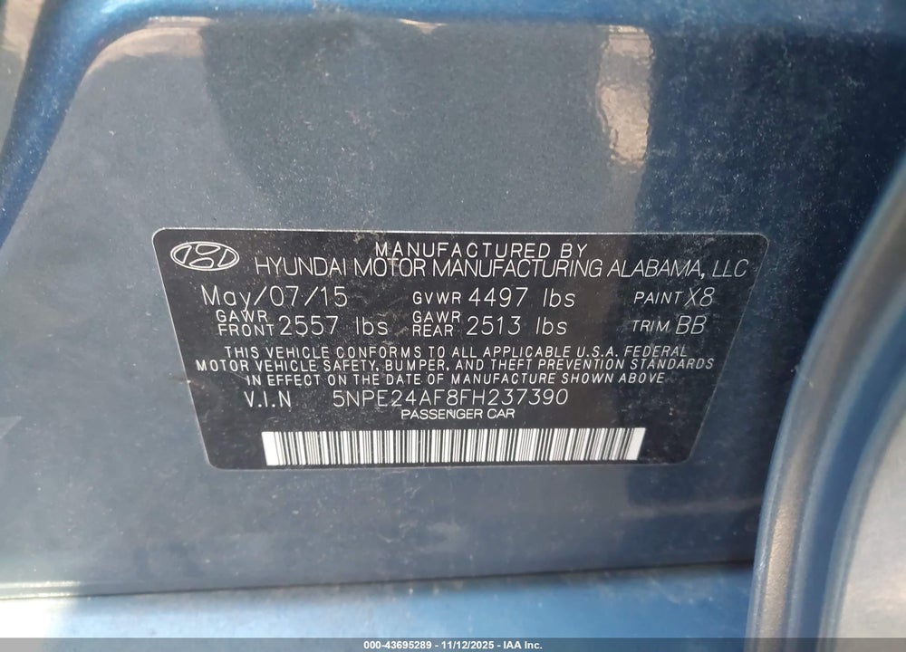 2015 HYUNDAI SONATA VIN: 5NPE24AF8FH237390