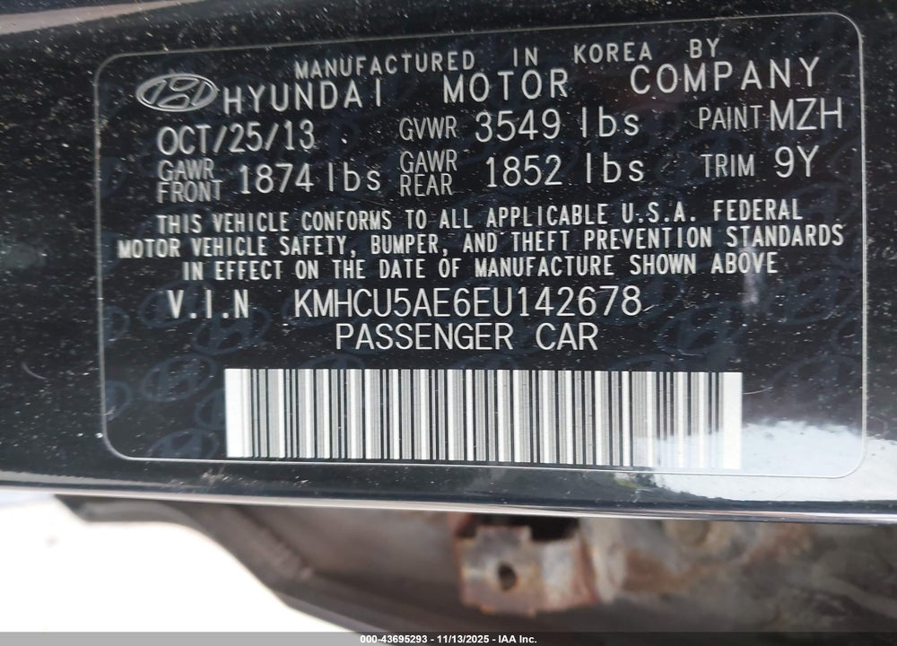 2014 HYUNDAI ACCENT VIN: KMHCU5AE6EU142678