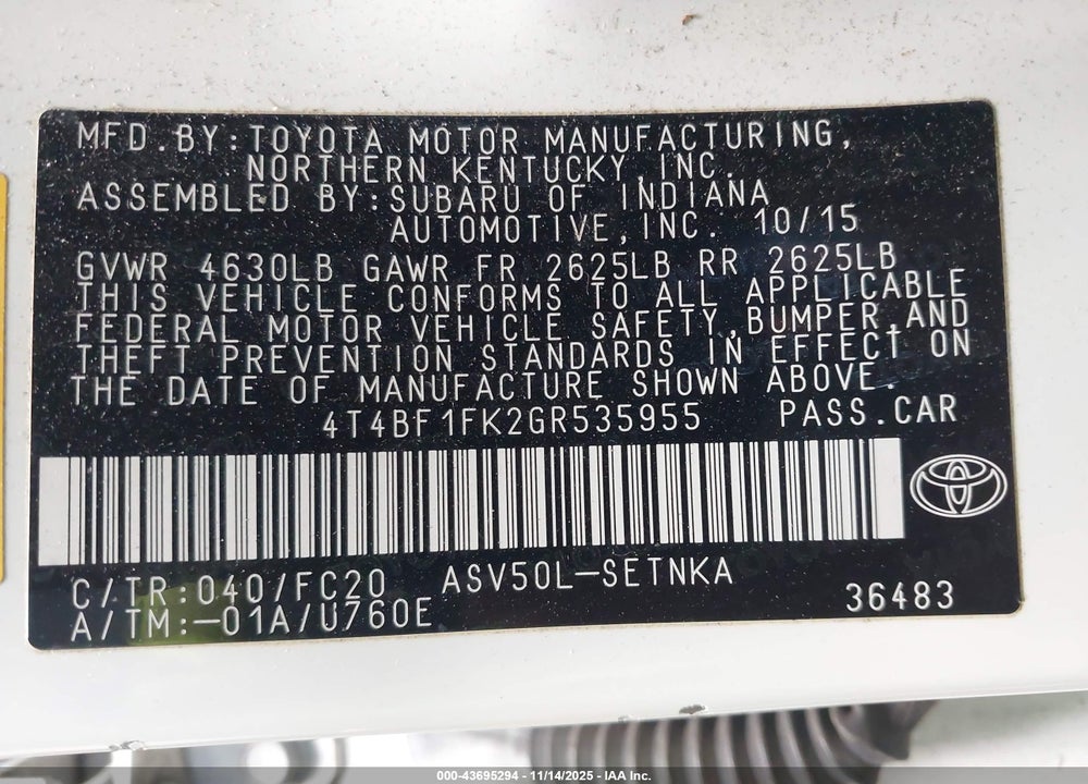 2016 TOYOTA CAMRY VIN: 4T4BF1FK2GR535955