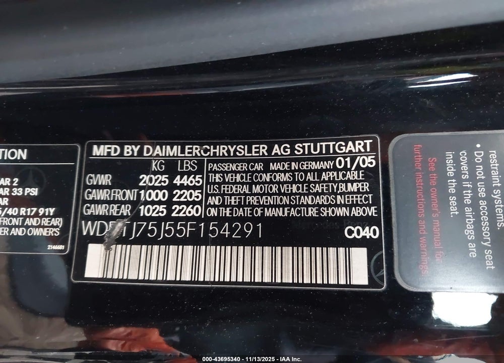 2005 MERCEDES-BENZ CLK 500 VIN: WDBTJ75J55F154291