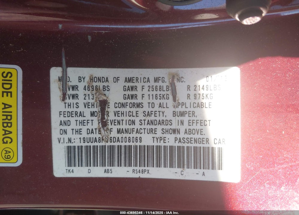 2013 ACURA TL VIN: 19UUA8F56DA008069