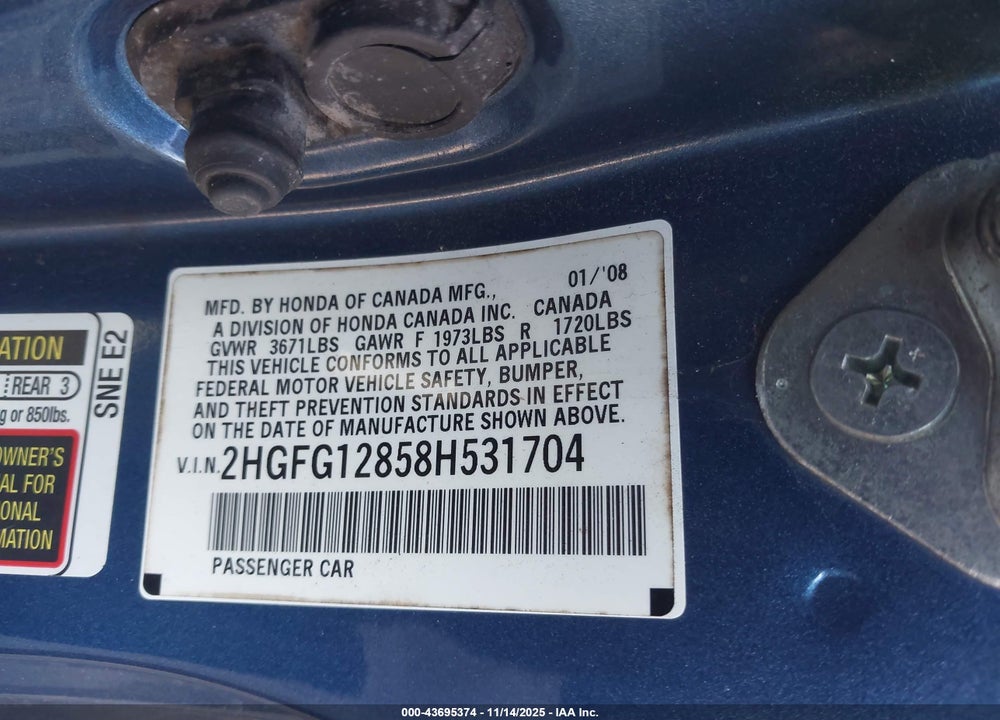 2008 HONDA CIVIC EX VIN: 2HGFG12858H531704
