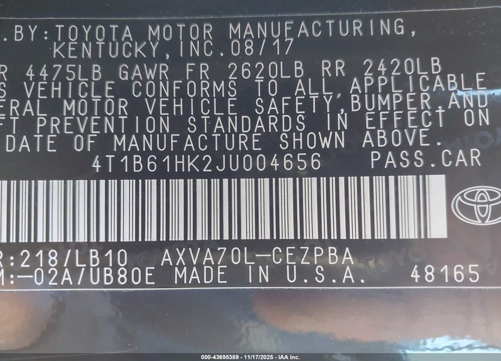 2018 TOYOTA CAMRY VIN: 4T1B61HK2JU004656