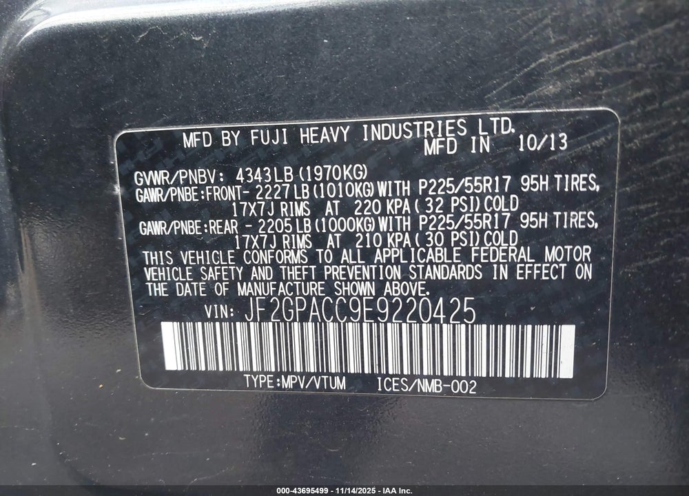 2014 SUBARU XV CROSSTREK VIN: JF2GPACC9E9220425