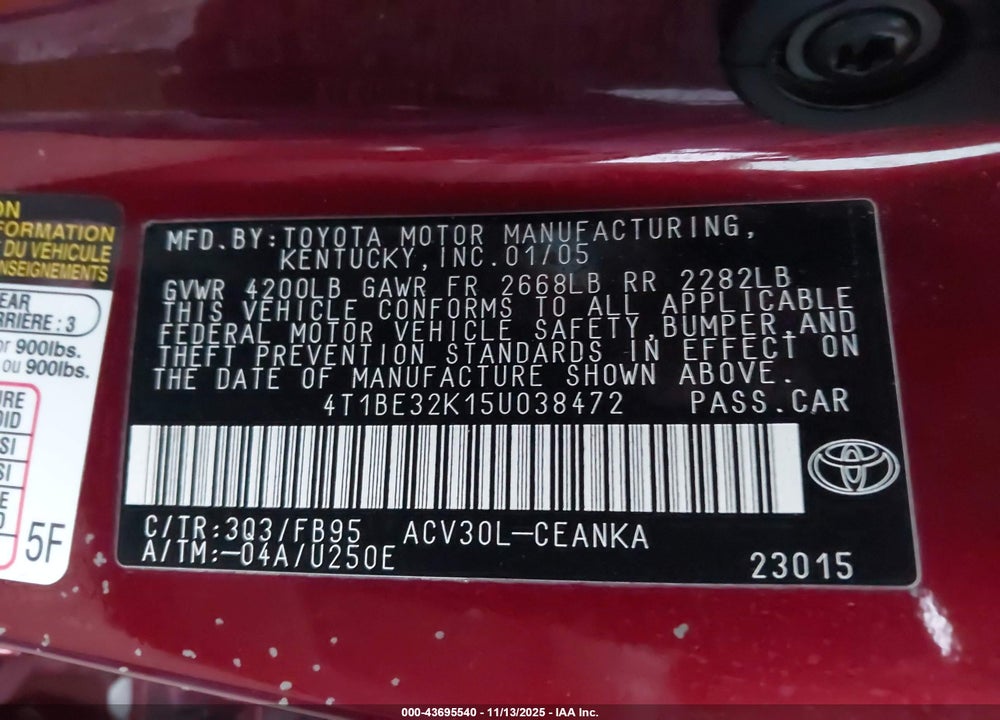 2005 TOYOTA CAMRY LE VIN: 4T1BE32K15U038472