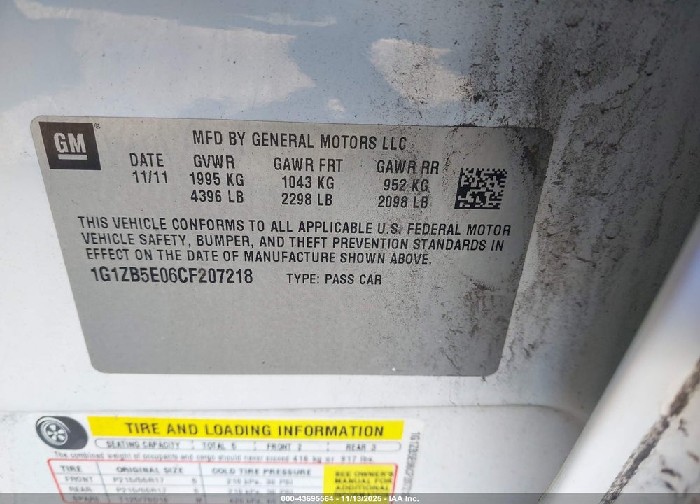 2012 CHEVROLET MALIBU LS VIN: 1G1ZB5E06CF207218