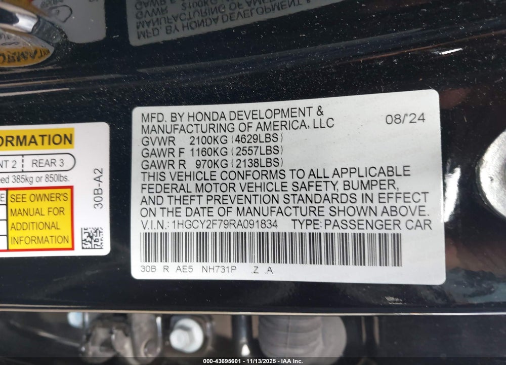 2024 HONDA ACCORD HYBRID SPORT-L VIN: 1HGCY2F79RA091834