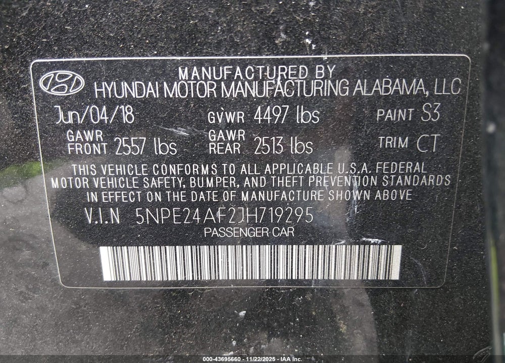 2018 HYUNDAI SONATA SE VIN: 5NPE24AF2JH719295