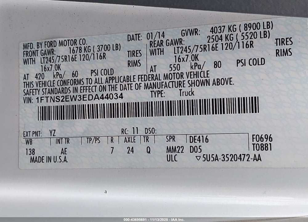 2014 FORD E-250 VIN: 1FTNS2EW3EDA44034