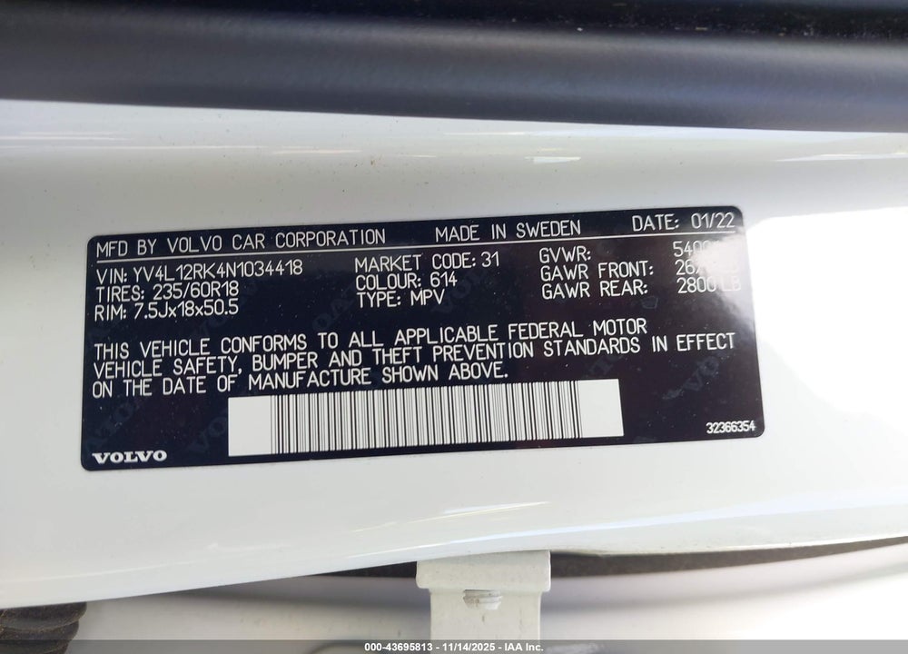 2022 VOLVO XC60 B5 MOMENTUM VIN: YV4L12RK4N1034418