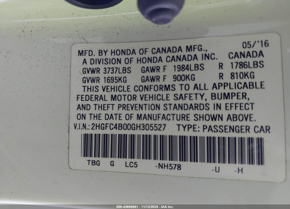 2016 HONDA CIVIC LX-P VIN: 2HGFC4B00GH305527