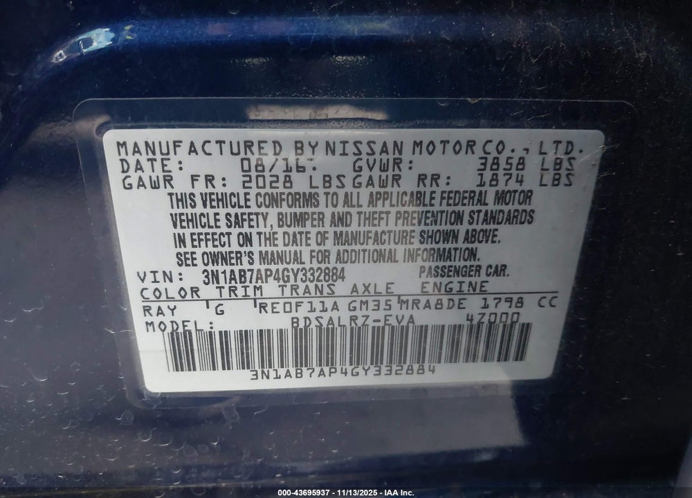 2016 NISSAN SENTRA SR VIN: 3N1AB7AP4GY332884
