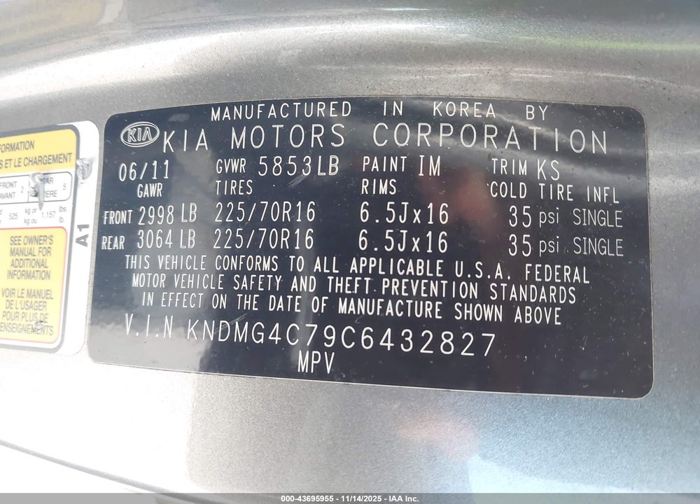 2012 KIA SEDONA LX VIN: KNDMG4C79C6432827