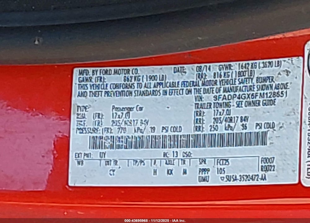 2015 FORD FIESTA ST VIN: 3FADP4GX6FM128651