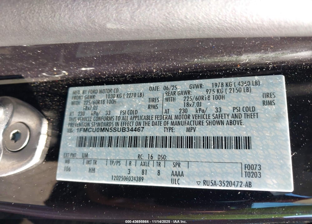 2025 FORD ESCAPE ST LINE VIN: 1FMCU0MN5SUB34467
