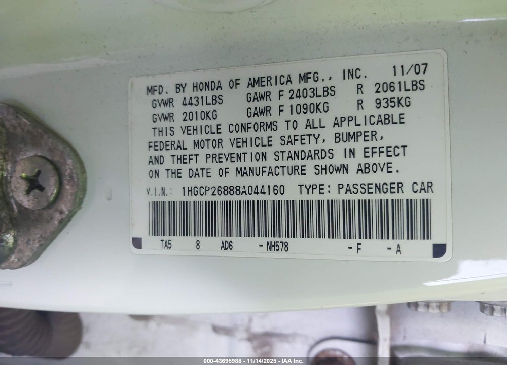 2008 HONDA ACCORD 2.4 EX-L VIN: 1HGCP26888A044160
