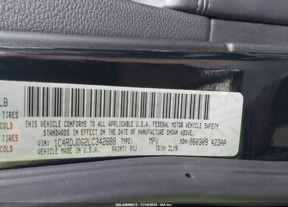 2020 DODGE DURANGO GT PLUS AWD VIN: 1C4RDJDG2LC342688