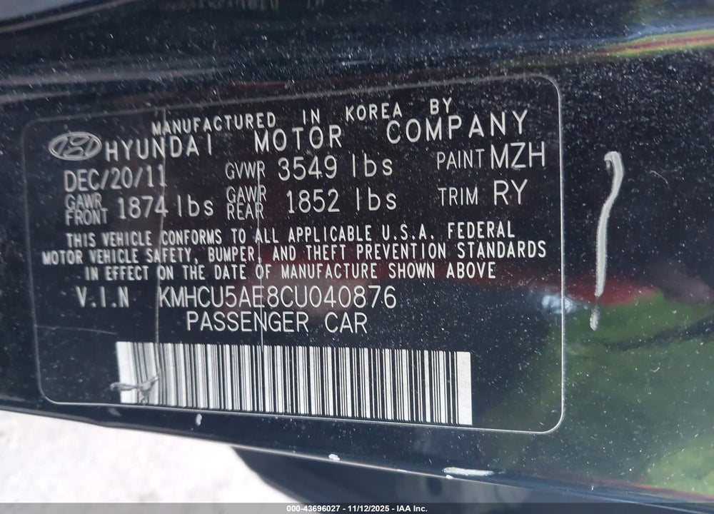 2012 HYUNDAI ACCENT SE VIN: KMHCU5AE8CU040876