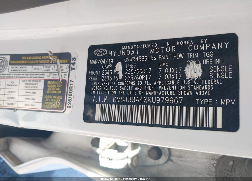2019 HYUNDAI TUCSON VALUE VIN: KM8J33A4XKU979967