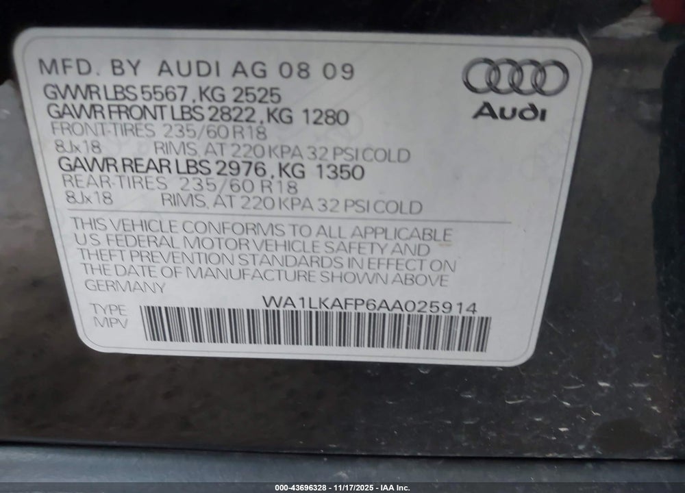 2010 AUDI Q5 3.2 PREMIUM VIN: WA1LKAFP6AA025914