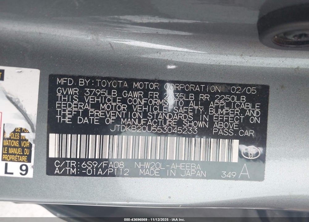 2005 TOYOTA PRIUS VIN: JTDKB20U553045233