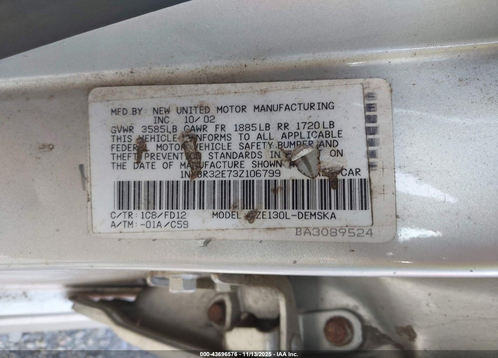 2003 TOYOTA COROLLA S VIN: 1NXBR32E73Z106799
