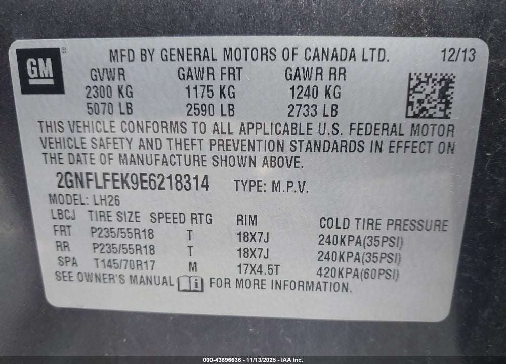 2014 CHEVROLET EQUINOX VIN: 2GNFLFEK9E6218314