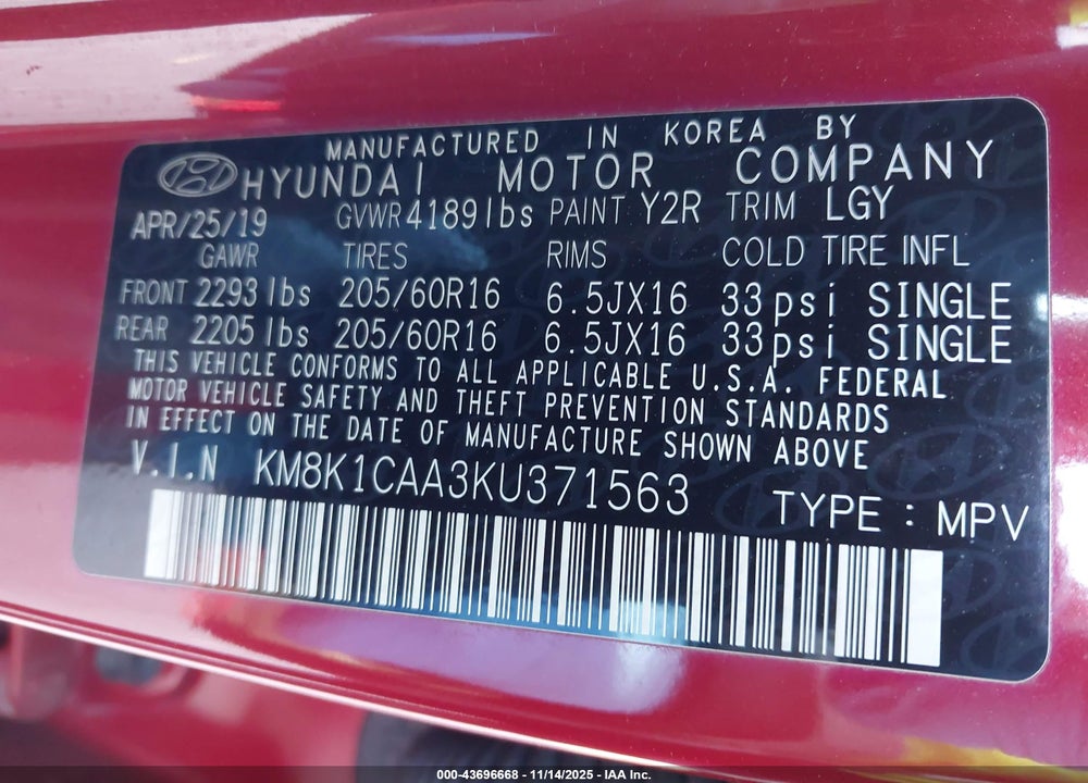 2019 HYUNDAI KONA SE VIN: KM8K1CAA3KU371563