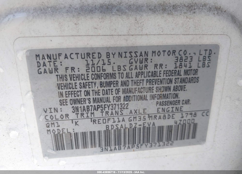 2015 NISSAN SENTRA SV VIN: 3N1AB7AP5FY371322