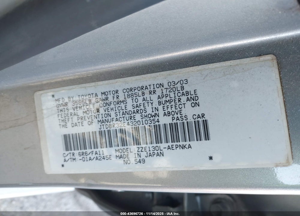2003 TOYOTA COROLLA LE VIN: JTDBR32E432010354