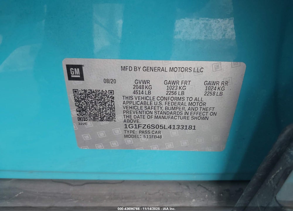 2020 CHEVROLET BOLT EV FWD PREMIER VIN: 1G1FZ6S05L4133181
