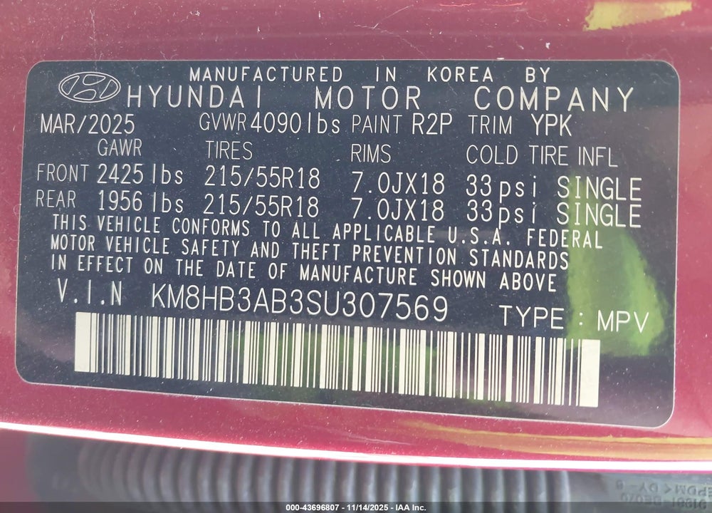 2025 HYUNDAI KONA VIN: KM8HB3AB3SU307569