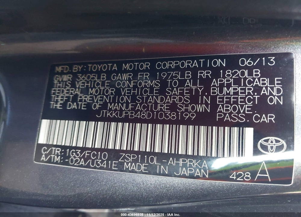 2013 SCION XD VIN: JTKKUPB48D1038199