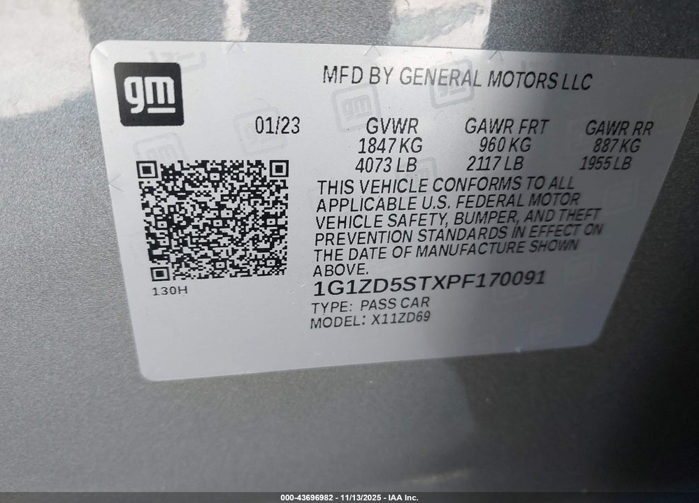 2023 CHEVROLET MALIBU VIN: 1G1ZD5STXPF170091