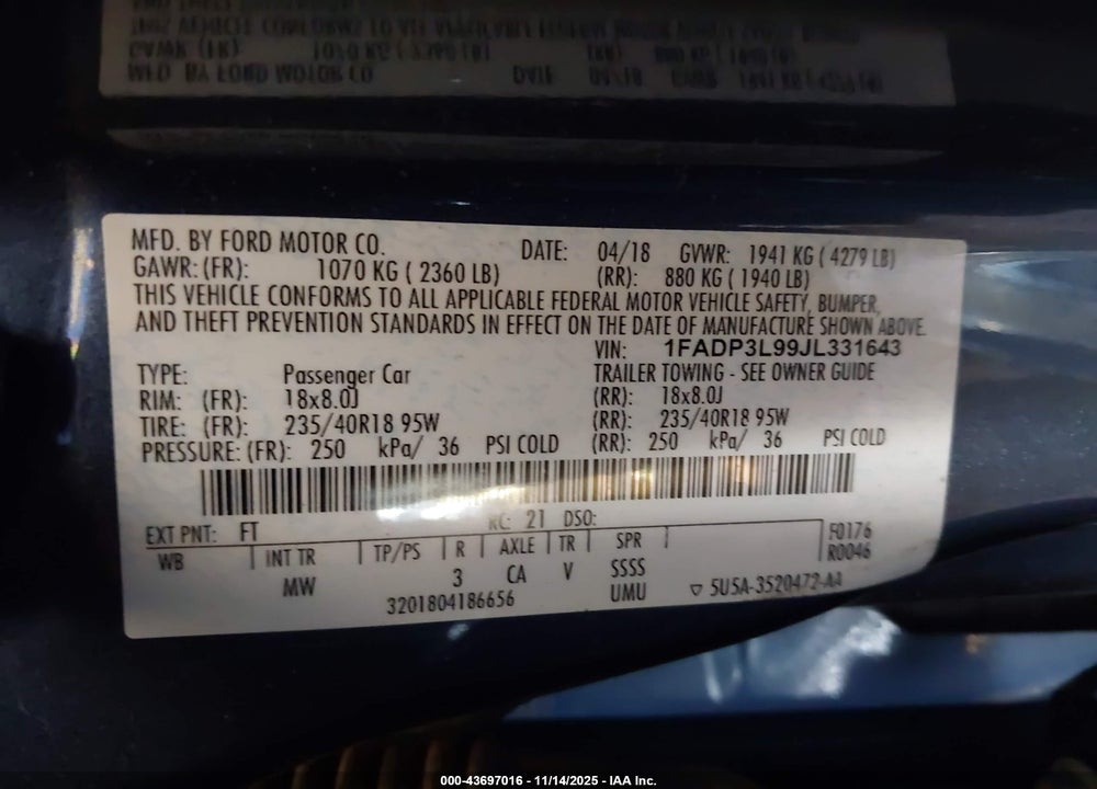 2018 FORD FOCUS ST VIN: 1FADP3L99JL331643