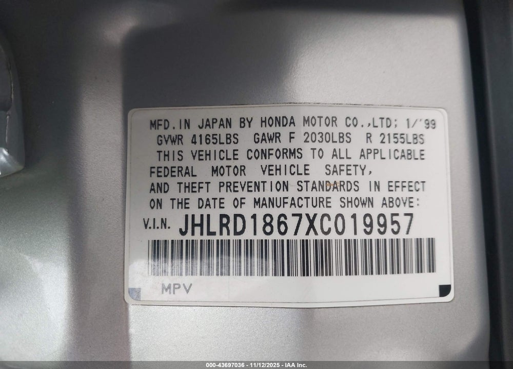 1999 HONDA CR-V EX VIN: JHLRD1867XC019957