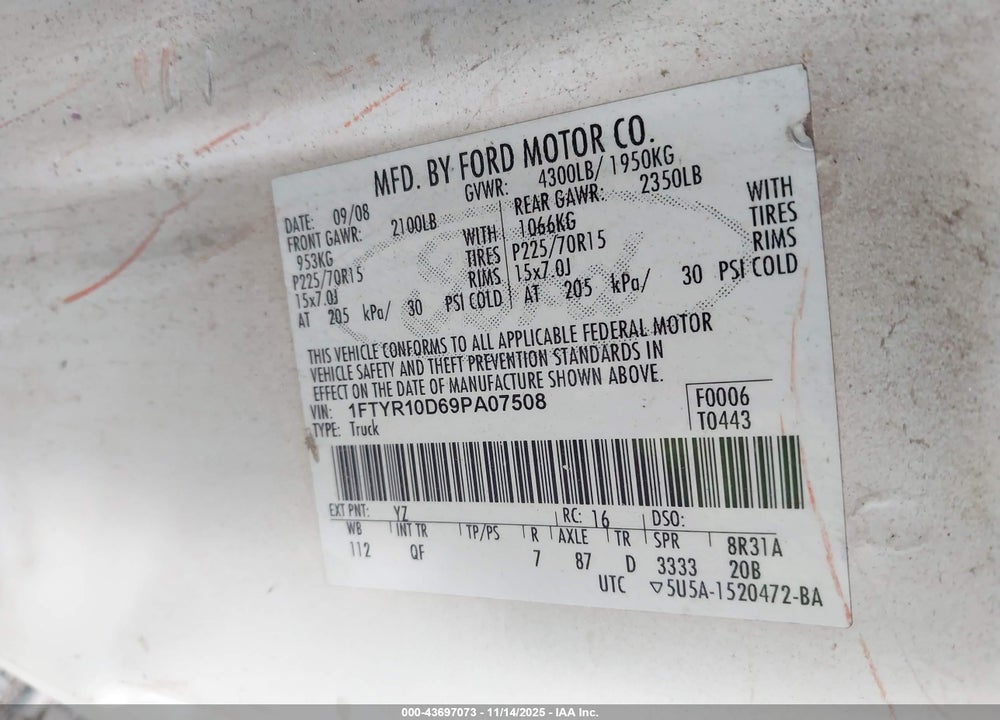 2009 FORD RANGER SPORT/XL/XLT VIN: 1FTYR10D69PA07508