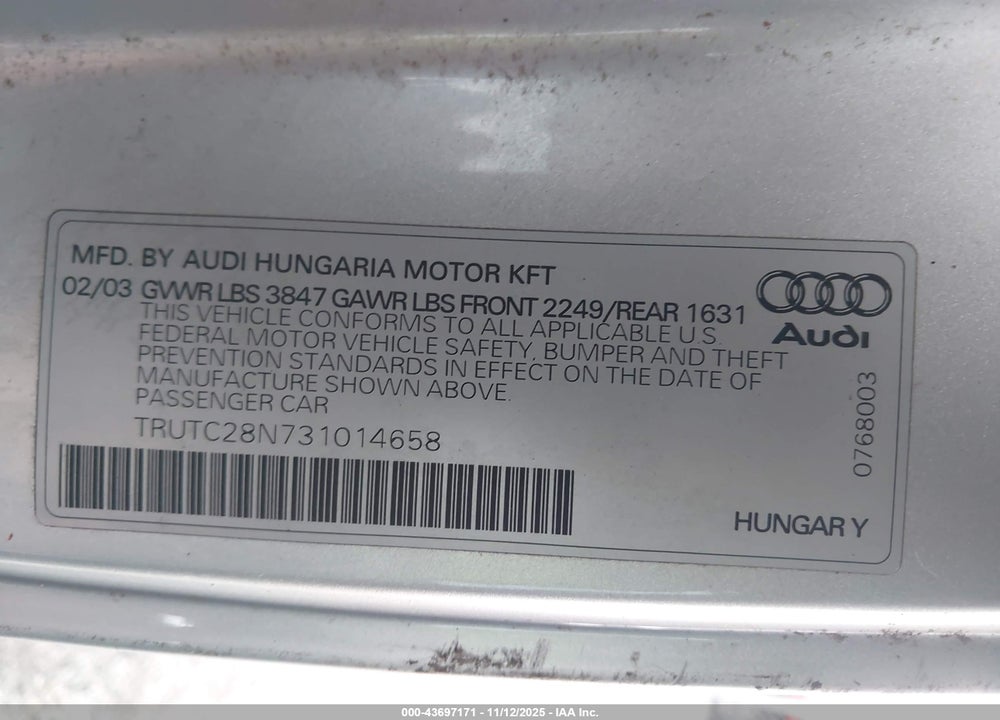 2003 AUDI TT 1.8L VIN: TRUTC28N731014658