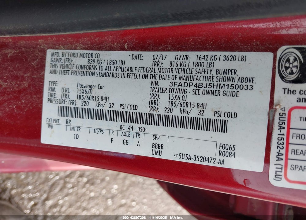 2017 FORD FIESTA VIN: 3FADP4BJ5HM150033