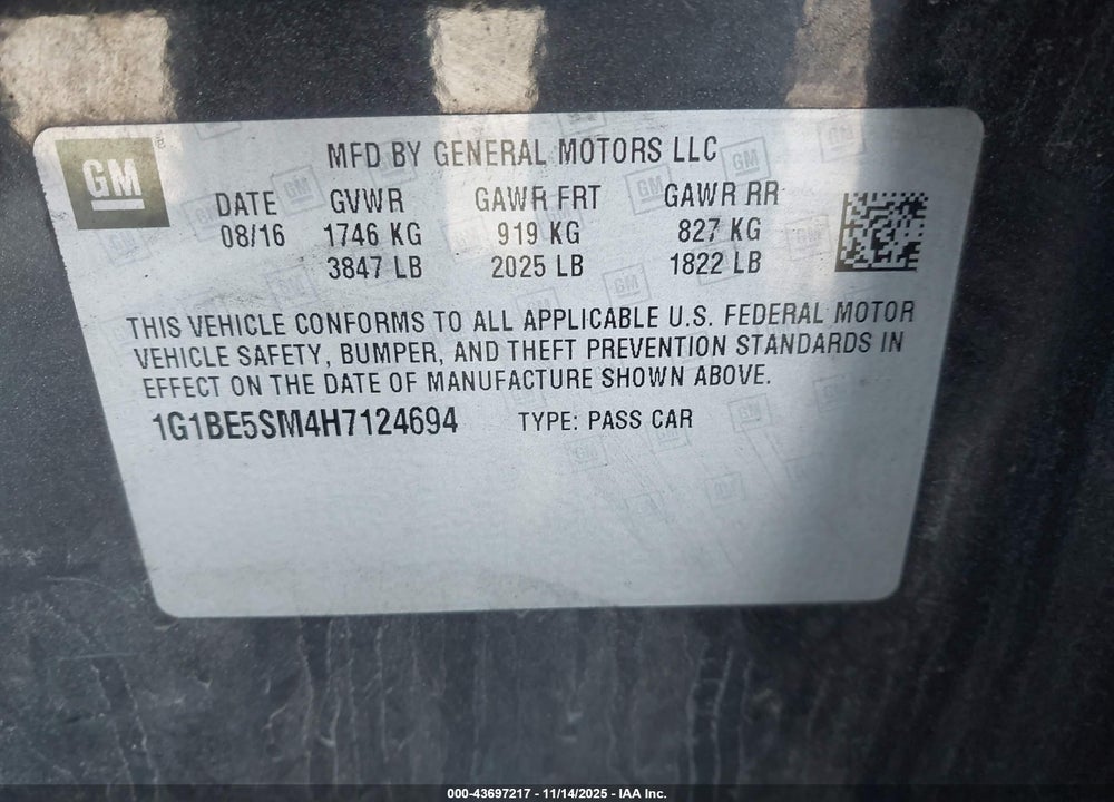2017 CHEVROLET CRUZE LT AUTO VIN: 1G1BE5SM4H7124694