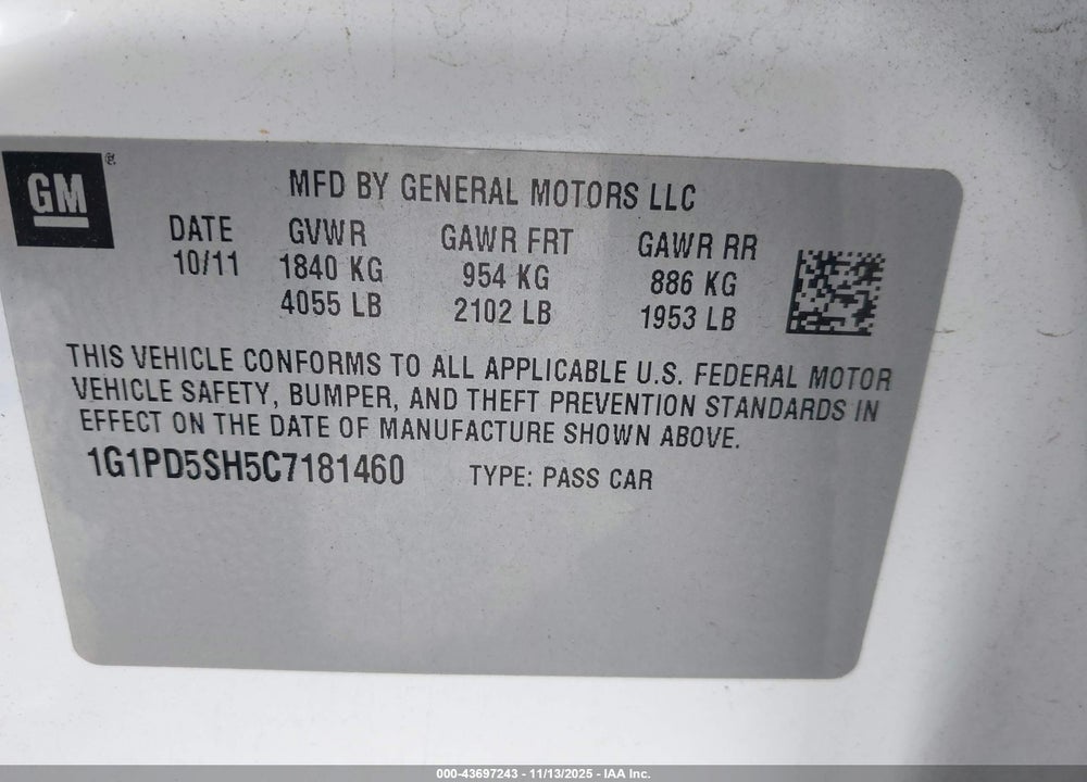 2012 CHEVROLET CRUZE LS VIN: 1G1PD5SH5C7181460