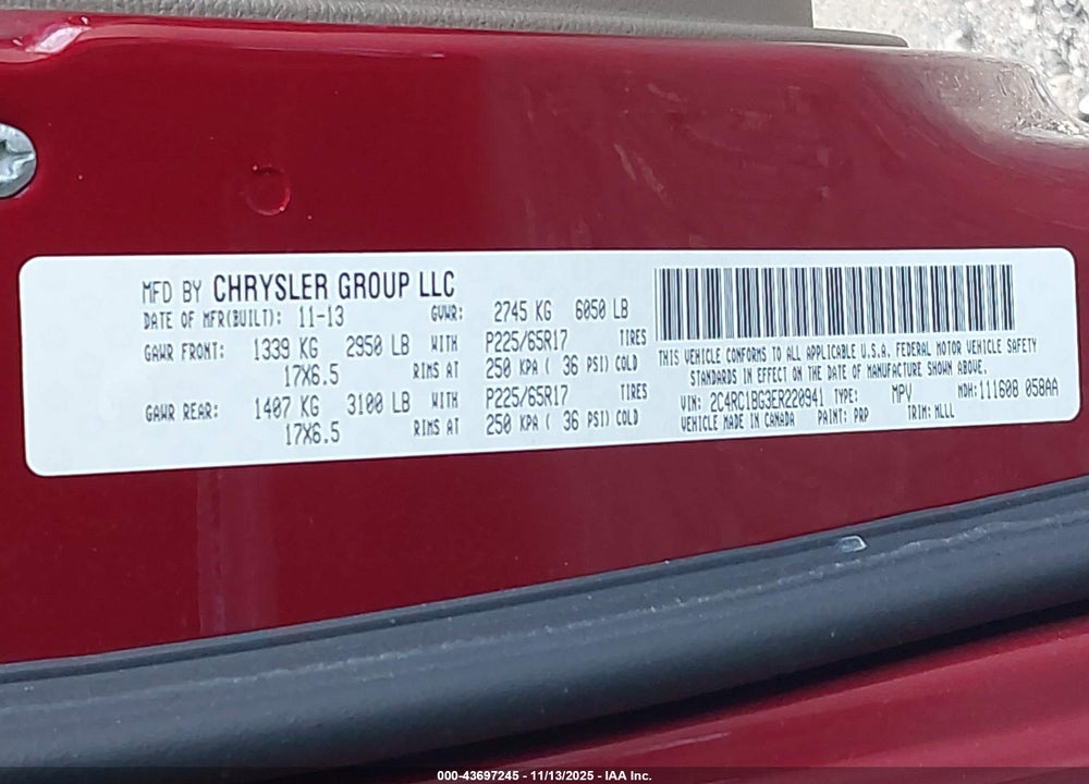 2014 CHRYSLER TOWN & COUNTRY TOURING VIN: 2C4RC1BG3ER220941