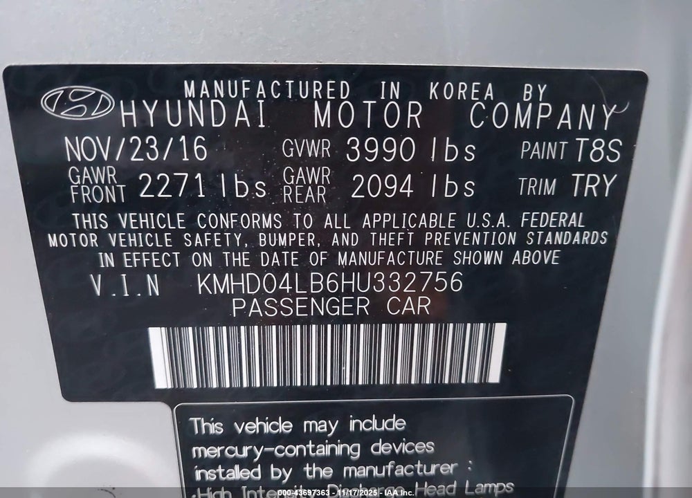 2017 HYUNDAI ELANTRA VIN: KMHD04LB6HU332756